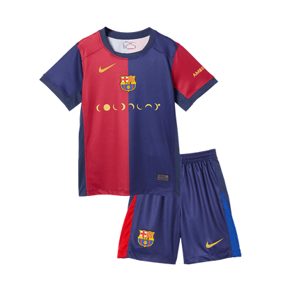 Kid's Barcelona X Coldplay Home Soccer Jersey Kit(Jersey+Shorts) 2024/25 Red&Blue