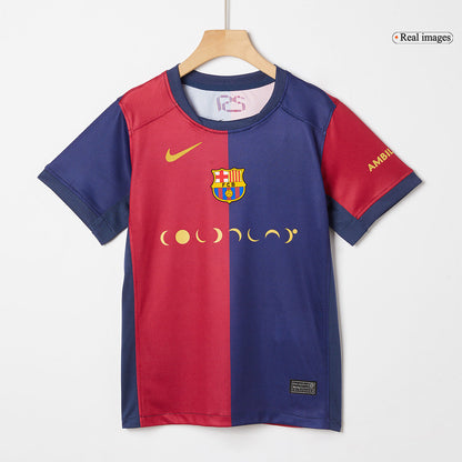 Kid's Barcelona X Coldplay Home Soccer Jersey Kit(Jersey+Shorts) 2024/25 Red&Blue